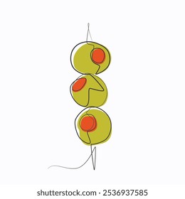 Olives On Wooden Cocktail Stick one line drawing. Olives On Wooden Cocktail Stick single line illustration. Olives On Wooden Cocktail Stick minimalist line art