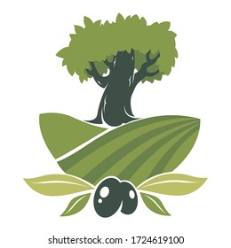 Olives plantation label, tree on field. Production of berries or olives, countryside view. Organic growth and farming, agriculture and harvesting works. Emblem or banner, vector in flat style