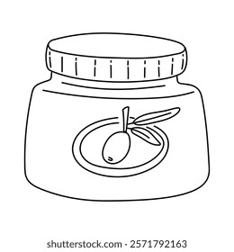 Olives in a plastic jar. Contour illustration of a closed jar of cosmetics with the addition of olive oil. hand-drawn container with olives added, linear. Isolated illustration of cosmetics on a white