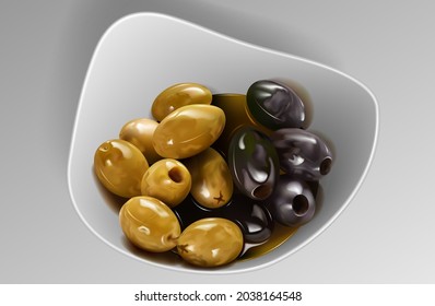 Olives are olives. A plate of olives. Vector image of olive tree fruits in different degrees of maturity. A sketch for creativity.