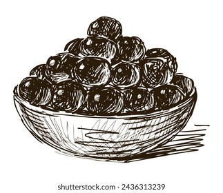 Olives ripe berries in bowl, fresh raw food, vector, hand drawing isolated on white