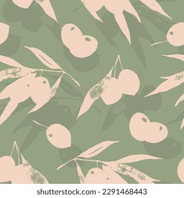 Olives seamless patten olive branches with shadows on green background textured pattern design for olive oil, natural cosmetics, wrapping, kitchen textile.