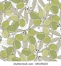 Olives seamless pattern. Berries and fruits of olive. Pattern for the fabric. Olives print. Cloth shirt pattern.