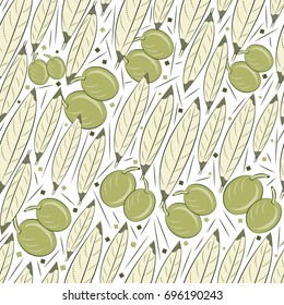 Olives seamless pattern. Berries and fruits of olive. Pattern for the fabric. Olives print. Cloth shirt pattern.