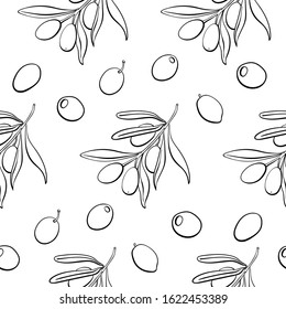 Olives. Seamless pattern. Black line sketch of olives and olive branches isolated on white background. Doodle hand drawn vegetables. Vector illustration