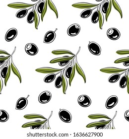 Olives. Seamless pattern. Black line sketch of olives and olive branches isolated on white background. Doodle hand drawn vegetables. Vector illustration