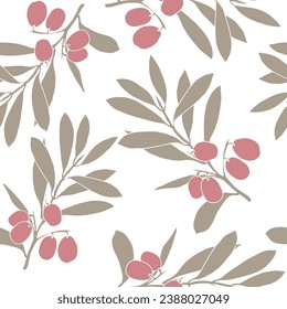 Olives seamless pattern. Branches with brown olives for packaging or fabric. Vector illustration on used for textile.
