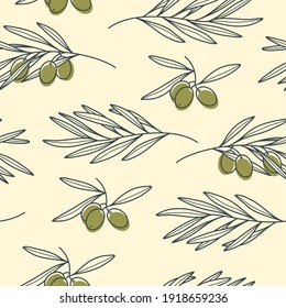 Olives seamless pattern. Branches with green olives for packaging or fabric. Vector illustration