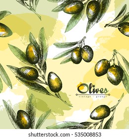 Olives seamless pattern color sketch style vector hand drawn background, branches with leaves over multicolor backdrop. Italian food. All elements isolated.
