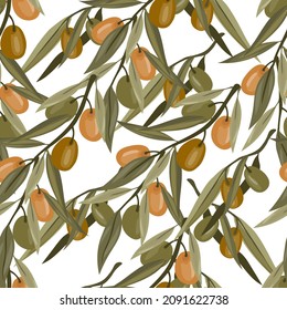 Olives seamless pattern design. Repeatable endless decorative texture with olive plant elements, hand drawn vector illustration.