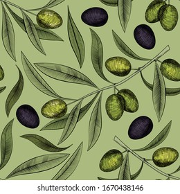 Olives seamless pattern in engraved style, Olives fabric background. Vector illustration in sketch style