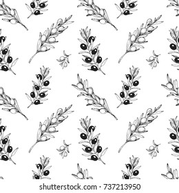 Olives seamless pattern, hand drawn sketch vector illustration. Healthy and organic food design template. Vintage style image. 