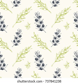 Olives seamless pattern, hand drawn sketch vector illustration. Healthy and organic food design template. Vintage style image. 