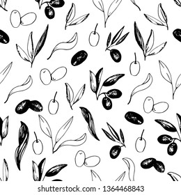 Olives seamless pattern with olive branches and fruits for Italian cuisine design or extra virgin oil food or cosmetic product packaging wrapper. Hand drawn Illustration in vector.