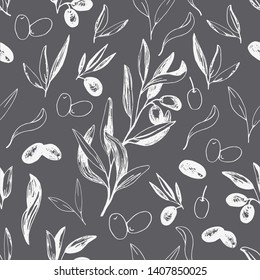 Olives seamless pattern with olive branches and fruits for Italian cuisine design or extra virgin oil food or cosmetic product packaging wrapper. Hand drawn Illustration in vector.