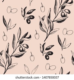 Olives seamless pattern with olive branches and fruits for Italian cuisine design or extra virgin oil food or cosmetic product packaging wrapper. Hand drawn Illustration in vector.