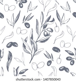 Olives seamless pattern with olive branches and fruits for Italian cuisine design or extra virgin oil food or cosmetic product packaging wrapper. Hand drawn Illustration in vector.
