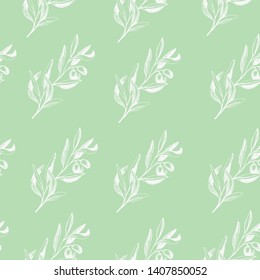 Olives seamless pattern with olive branches and fruits for Italian cuisine design or extra virgin oil food or cosmetic product packaging wrapper. Hand drawn Illustration in vector.