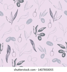 Olives seamless pattern with olive branches and fruits for Italian cuisine design or extra virgin oil food or cosmetic product packaging wrapper. Hand drawn Illustration in vector.