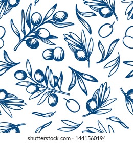 Olives seamless pattern with olive  branches and fruits for Italian cuisine design or extra virgin oil food or cosmetic product packaging wrapper. Hand drawn Illustration in vector. 