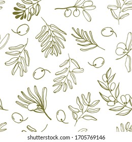 Olives seamless pattern with olive branches and fruits for Italian cuisine design or extra virgin oil food or cosmetic product packaging wrapper. Hand drawn Illustration in vector.