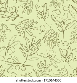 Olives seamless pattern with olive branches and fruits for Italian cuisine design or extra virgin oil food or cosmetic product packaging wrapper. Hand drawn Illustration in vector.