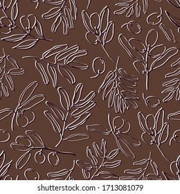 Olives seamless pattern with olive branches and fruits for Italian cuisine design Hand drawn Illustration in vector.