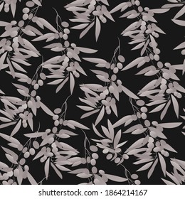 Olives seamless pattern. Olive branches in a gray-white color scheme on a dark background. Retro design of fabric, packaging, packaging, scrapbooking. Vector illustration.