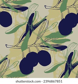 Olives, seamless pattern with olive branches and leaves. Simple minimalistic pattern of fabric and wallpaper with elements of nature and botany.