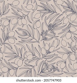 Olives seamless pattern. Outline elements , hand drawn.  Vector background