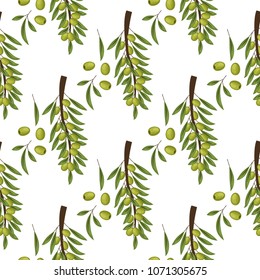 Olives seamless pattern with ripe background design vector illustration for oil, natural cosmetics. Best nature plant wallpaper for wrapping paper. Green leaf branch food