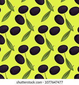 Olives seamless pattern with ripe olives background design vector illustration for olive oil, natural cosmetics. Best nature plant wallpaper for wrapping paper. Green leaf branch food