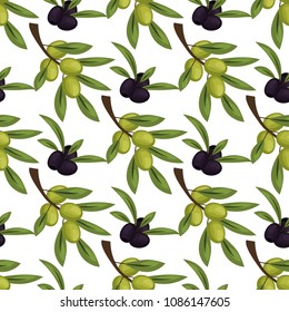 Olives seamless pattern with ripe olives background design vector illustration for olive oil, natural cosmetics. Best nature plant wallpaper for wrapping paper. Green leaf branch food