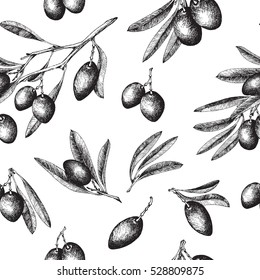 Olives seamless pattern sketch style vector hand drawn background, olive branches with leaves over white backdrop. Italian food.