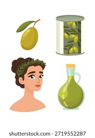 Conjunto de aceitunas. Clipart de Vector plano, ilustración con fondo aislado.