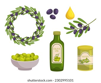 Olives Set, Green, Black, And Kalamata. Wreath, Oil Drop, Bottle and Pickled Olives in Tin Can or Fresh Olives in Bowl Perfect For Snacking, Salads, Pasta Dishes, Pizzas. Cartoon Vector Illustration