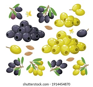 Aceitunas, grupos, ramas, aceitunas verdes y negras, sin semillas y maduras aisladas sobre fondo blanco - conjunto de decoración de ilustración vectorial aislada sobre fondo blanco.