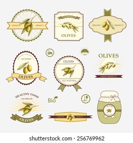 Olives, set of label design and templates, vector illustration.