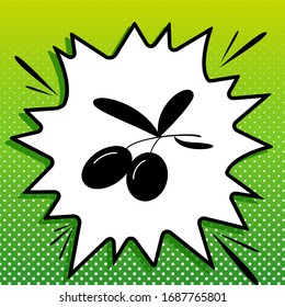 Olives sign illustration. Black Icon on white popart Splash at green background with white spots. Illustration.