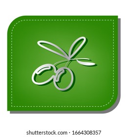 Olives sign illustration. Silver gradient line icon with dark green shadow at ecological patched green leaf. Illustration.