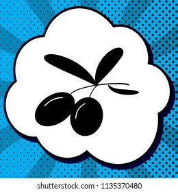 Olives sign illustration. Vector. Black icon in bubble on blue pop-art background with rays.