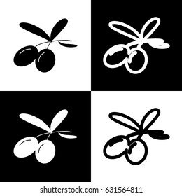 Olives sign illustration. Vector. Black and white icons and line icon on chess board.
