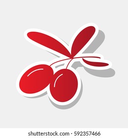 Olives sign illustration. Vector. New year reddish icon with outside stroke and gray shadow on light gray background.