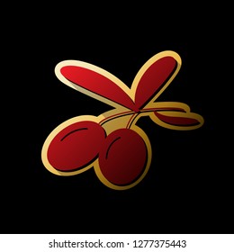 Olives sign illustration. Vector. Red icon with small black and limitless shadows at golden sticker on black background.