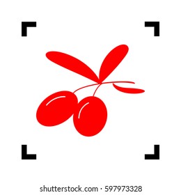 Olives sign illustration. Vector. Red icon inside black focus corners on white background. Isolated.