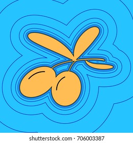 Olives sign illustration. Vector. Sand color icon with black contour and equidistant blue contours like field at sky blue background. Like waves on map - island in ocean or sea.
