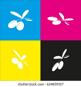 Olives sign illustration. Vector. White icon with isometric projections on cyan, magenta, yellow and black backgrounds.