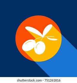 Olives sign illustration. Vector. White icon on tangelo circle with infinite shadow of light at cool black background. Selective yellow and bright navy blue are produced.