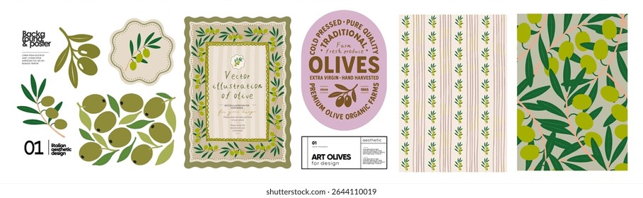 Olives. Summer italian and french mediterranean olive illustrations, vintage invitation, olive oil label, packaging, print, logo, seamless pattern for background, card and poster