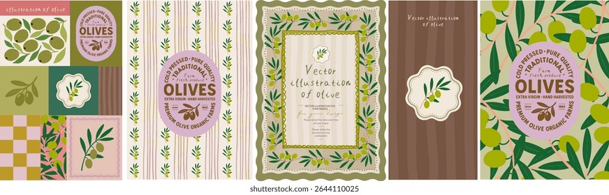 Olives. Summer italian and french mediterranean olive illustrations, vintage invitation, olive oil label, packaging, print, logo, seamless pattern for background, card and poster